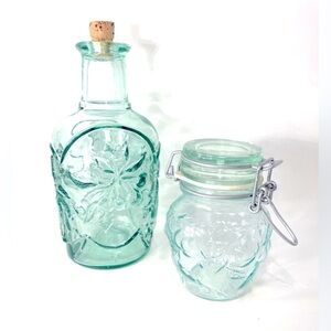Green Glass Decanter w/ Cork and Canister w/ Bail Fruit Embossed Canada Mod Dep